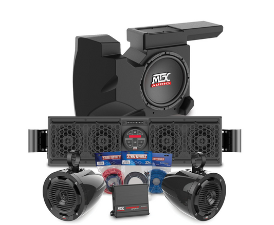 Polaris RZR Bluetooth Overhead Audio Sound Bar, 2-Channel Amplifier, 2 Cage Mounted Speakers, and Amplified Subwoofer